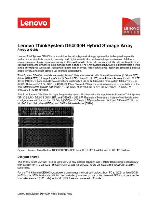 Lenovo ThinkSystem DE4000H Hybrid Storage Array Product Guide