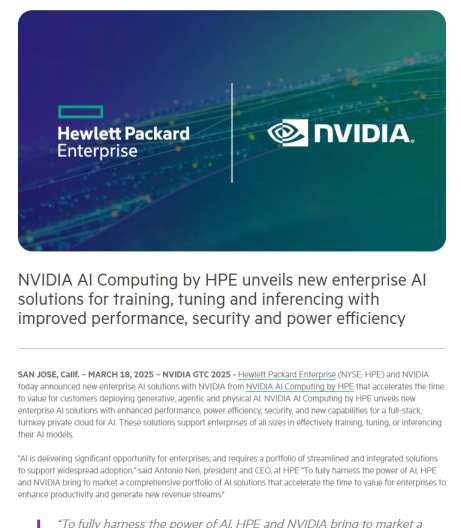 Hewlett Packard Enterprise introduces new enterprise AI solutions with NVIDIA to accelerate time to value for generative, agentic and physical AI