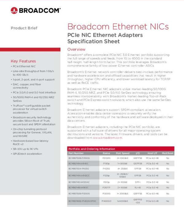 Broadcom PCIe NIC Ethernet Adapters Specification Sheet Product Brief